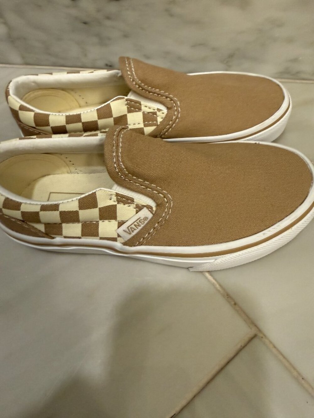 Vans Classic Slip-On Checkerboard Tan Brown Cream Canvas Sneakers Kids Size 12